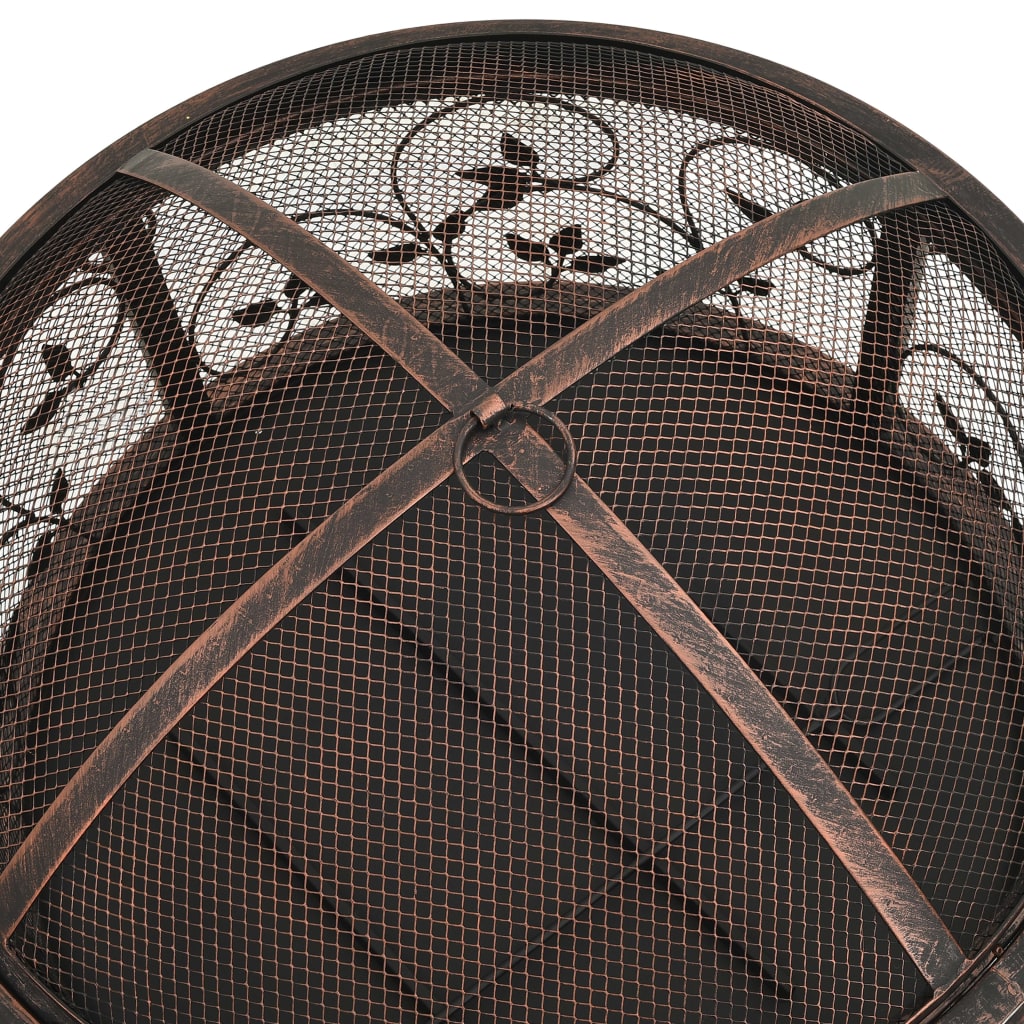 Round rustic steel fire pit with mesh lid and poker, 26.6 inch diameter in black and brown finish.