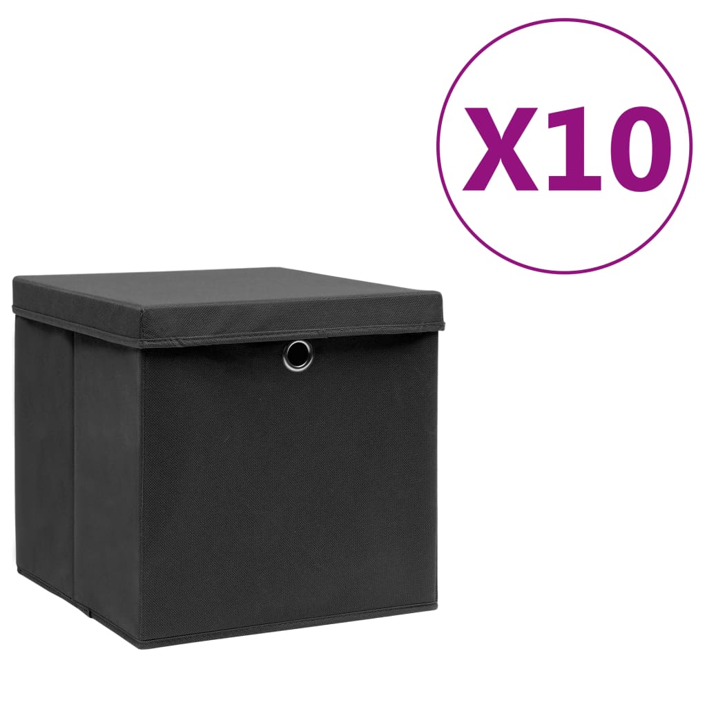 Storage Box Set of 10 Black Non-woven fabric Medium Foldable