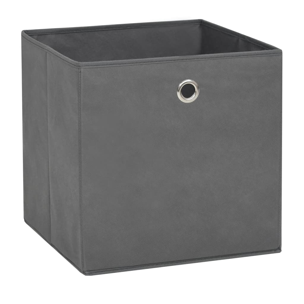 Gray non-woven fabric storage box, 11x11x11 inches, with reinforced eyelets.