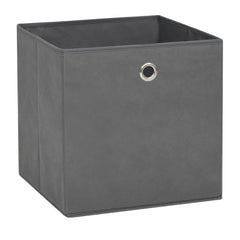 Gray non-woven fabric storage box, 11x11x11 inches, with reinforced eyelets.