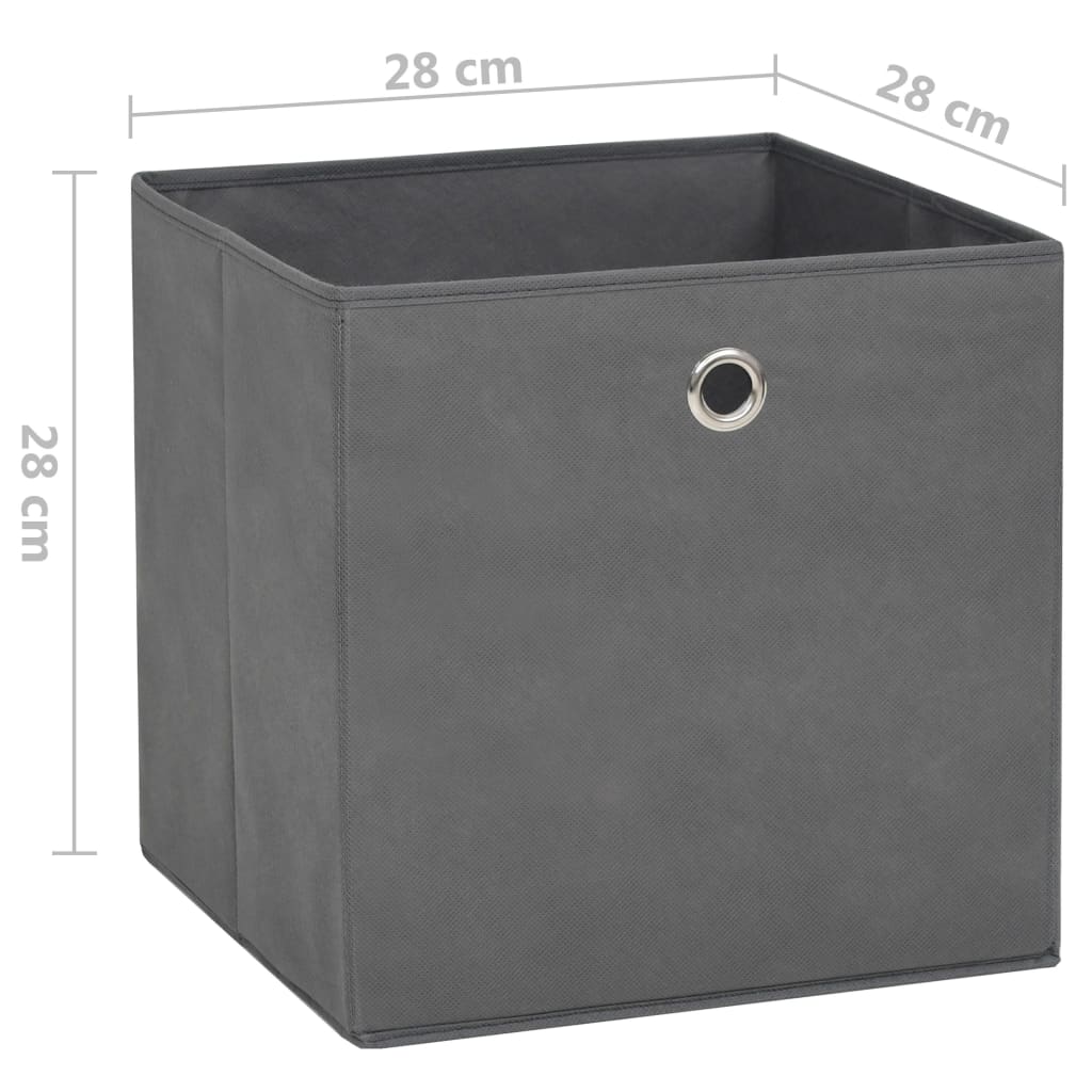 Gray non-woven fabric storage box, 28 cm cube with handle, shown from multiple angles.