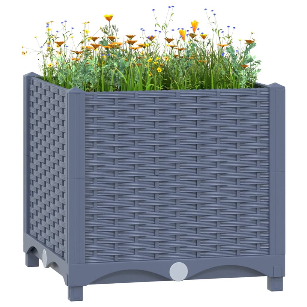 Blue-gray polypropylene raised garden bed measuring 15.7x15.7x15 inches, filled with wildflowers and greenery.