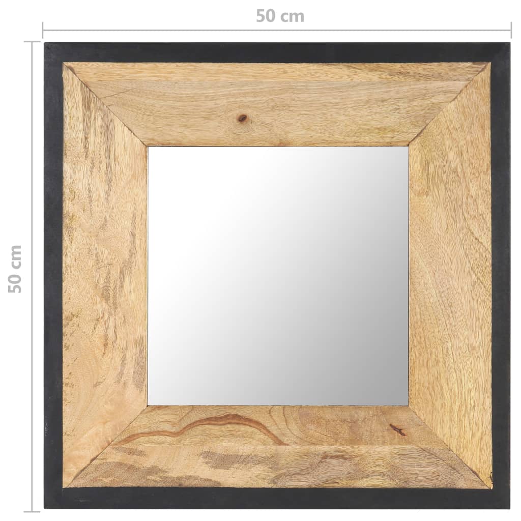Square solid mango wood mirror with black frame, 50 cm by 50 cm.