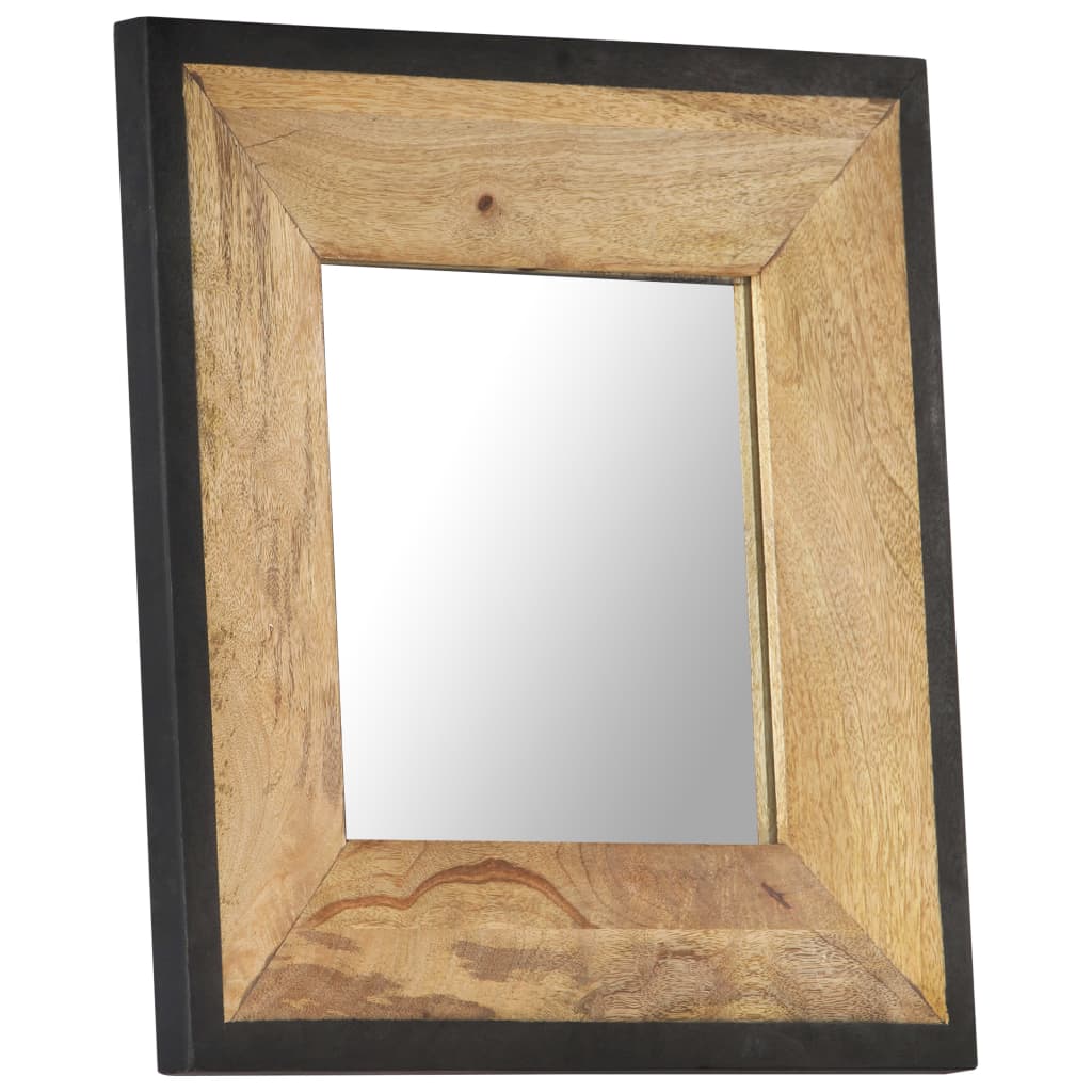 Square mirror with solid mango wood frame in natural finish, 19.7 by 19.7 inches.