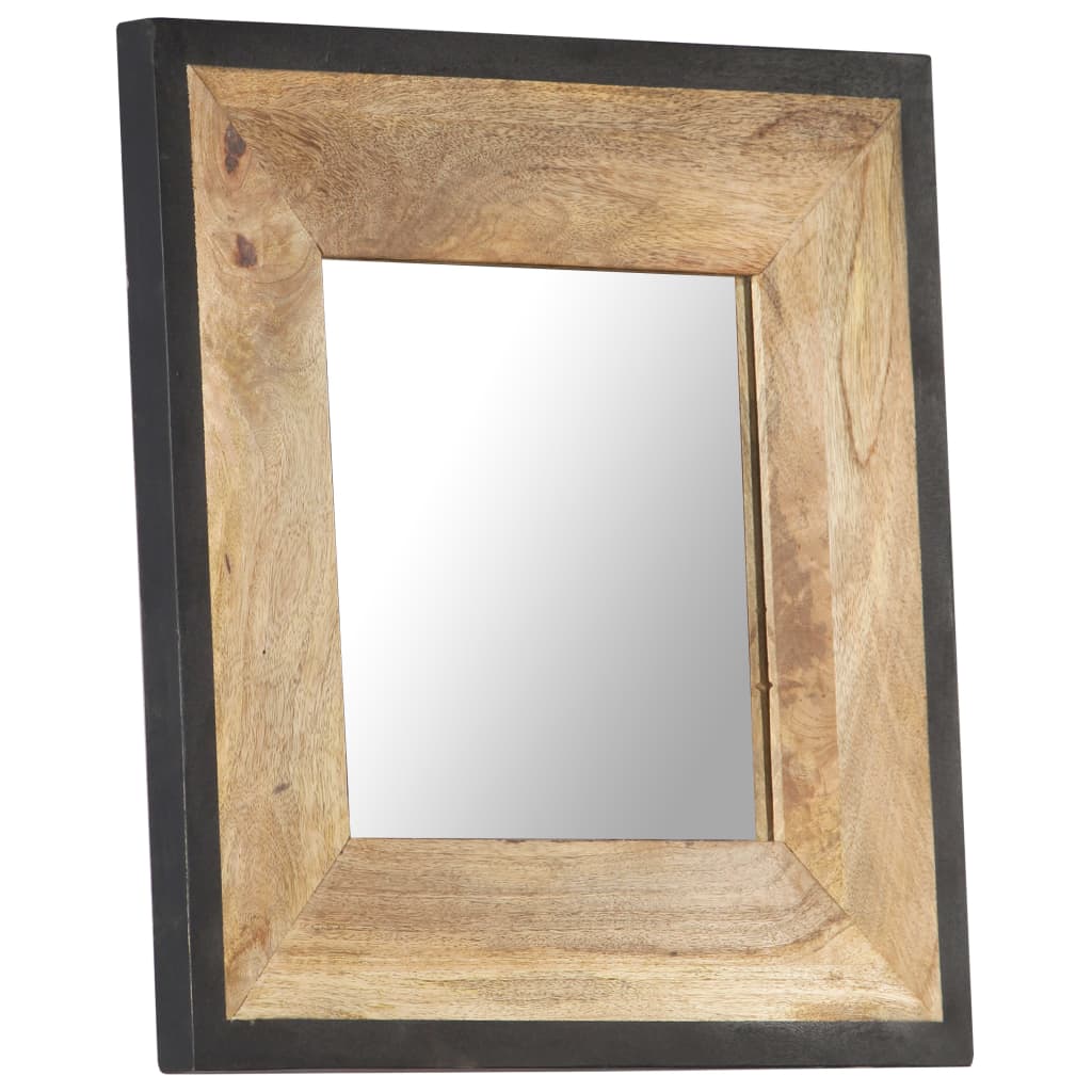 Square solid mango wood mirror with black metal frame, 19.7x19.7 inches.