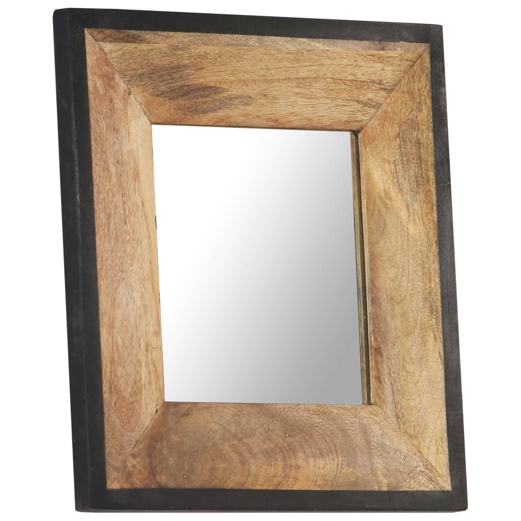 Square mirror with solid mango wood frame in natural finish, 19.7 by 19.7 inches.