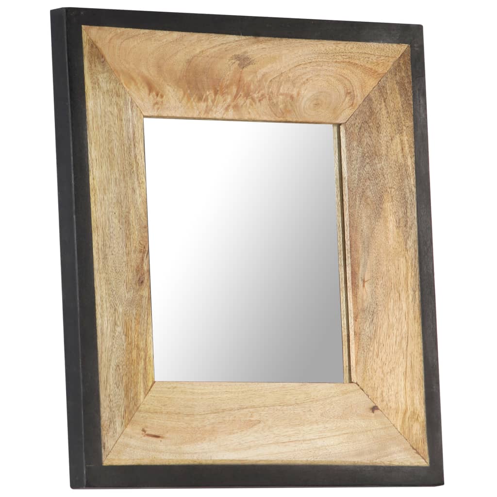 Square mango wood mirror with natural wood grain frame, 19.7x19.7 inches.