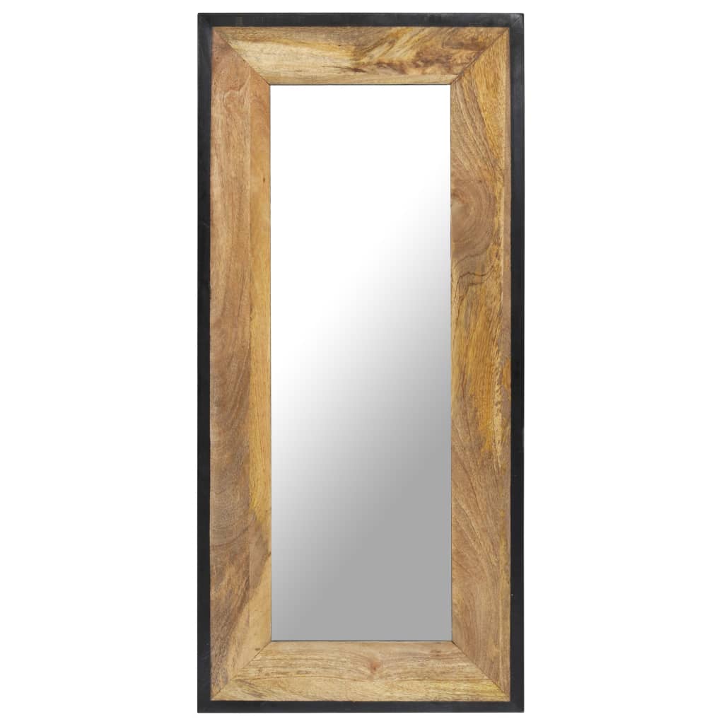 Tall rectangular mirror with solid mango wood frame in natural finish.