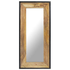 Tall rectangular mirror with solid mango wood frame in natural finish.