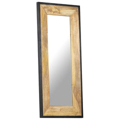 Rectangular solid mango wood mirror with natural finish and black outer frame, 43.3x19.7 inches.