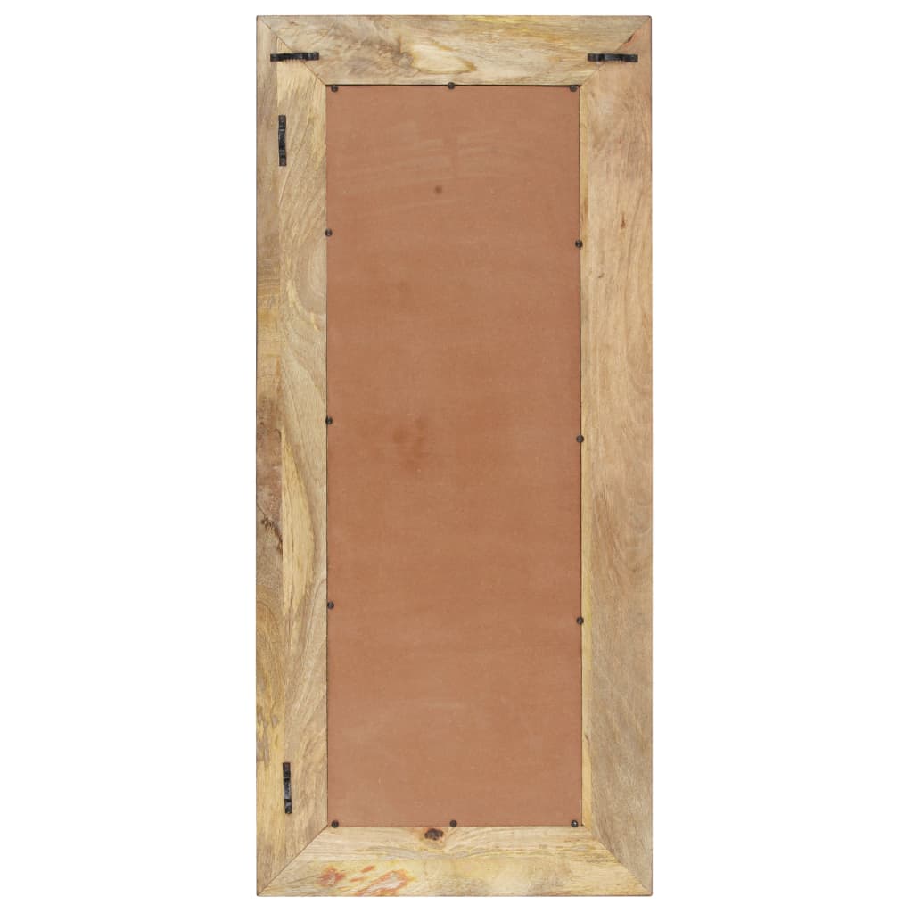 Rectangular solid mango wood mirror with natural finish, 43.3 by 19.7 inches.