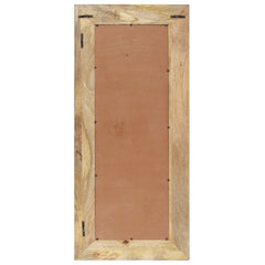 Rectangular solid mango wood mirror with natural finish, 43.3 by 19.7 inches.