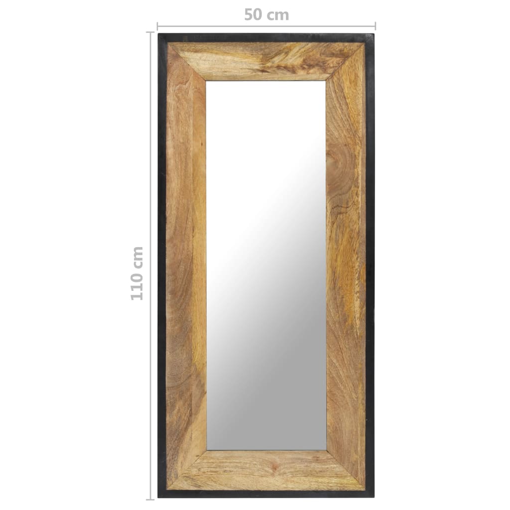 Rectangular mirror with solid mango wood frame in natural finish, measuring 43.3x19.7 inches.
