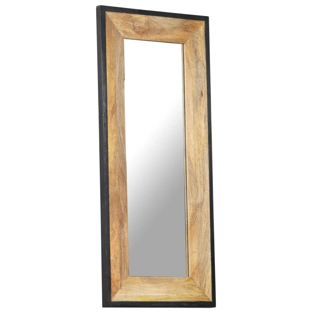 Tall rectangular mirror in solid mango wood frame with natural finish.