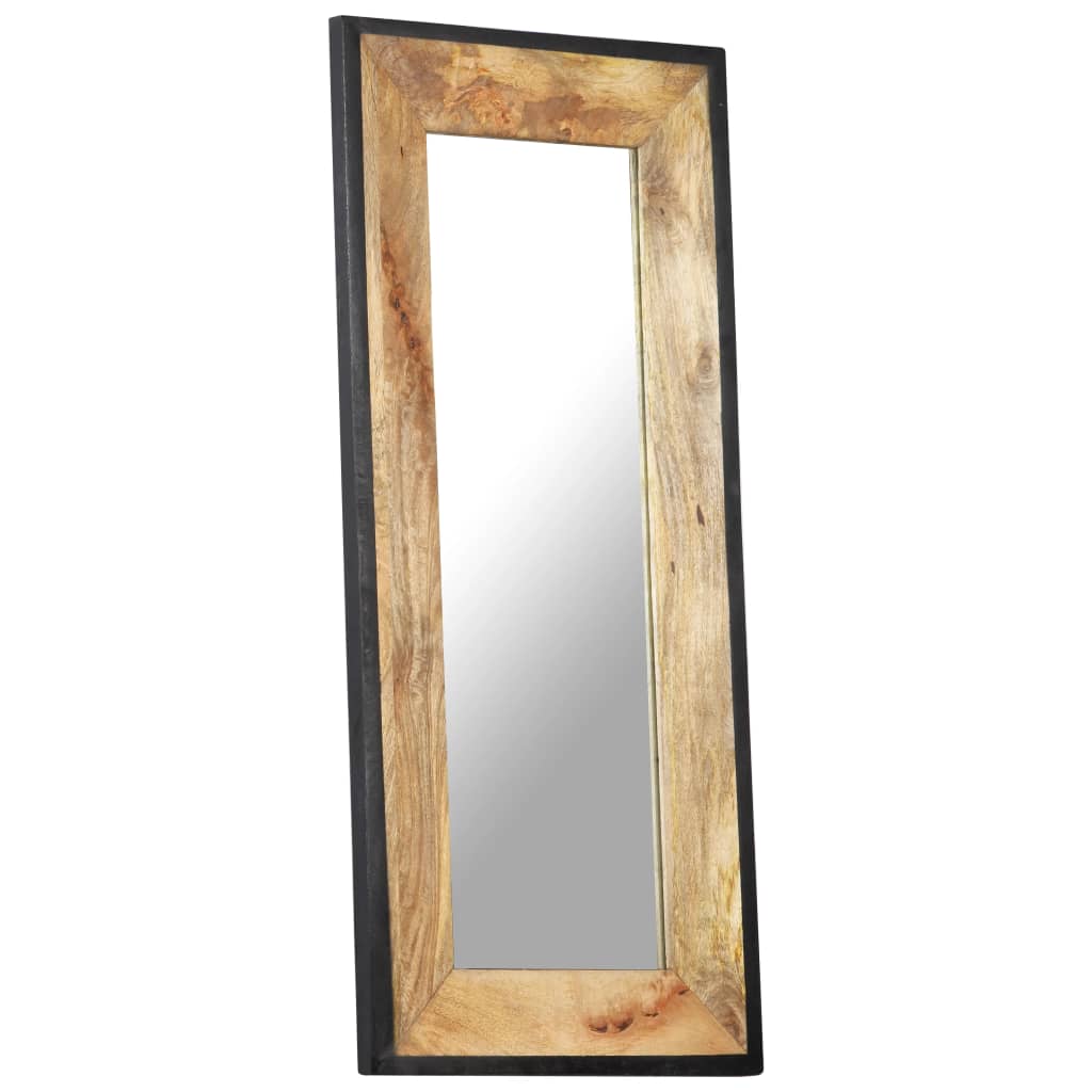 Tall rectangular mirror in solid mango wood with natural finish, 43.3 by 19.7 inches.