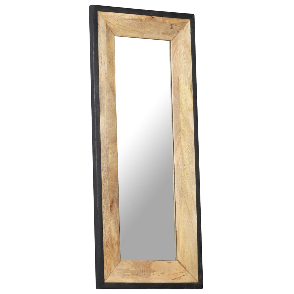 Rectangular mirror with solid mango wood frame in natural finish, measuring 43.3 by 19.7 inches.
