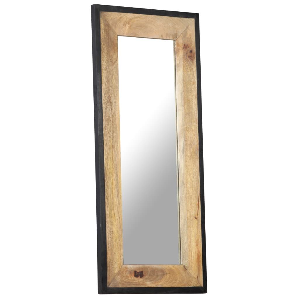 Tall rectangular mirror with solid mango wood frame in natural finish, 43.3x19.7 inches.