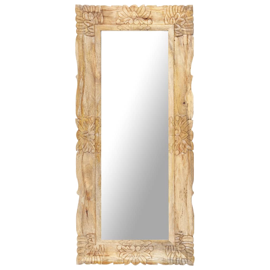 Hand-carved solid mango wood full-length mirror, 43.3x19.7 inches, with ornate frame.