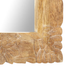 Hand-carved solid mango wood mirror frame with floral details, 43.3x19.7 inches.