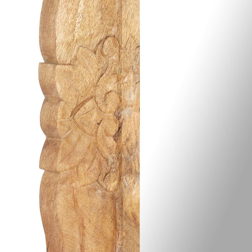 Hand-carved solid mango wood full-length mirror, 43.3x19.7 inches, with floral motifs.