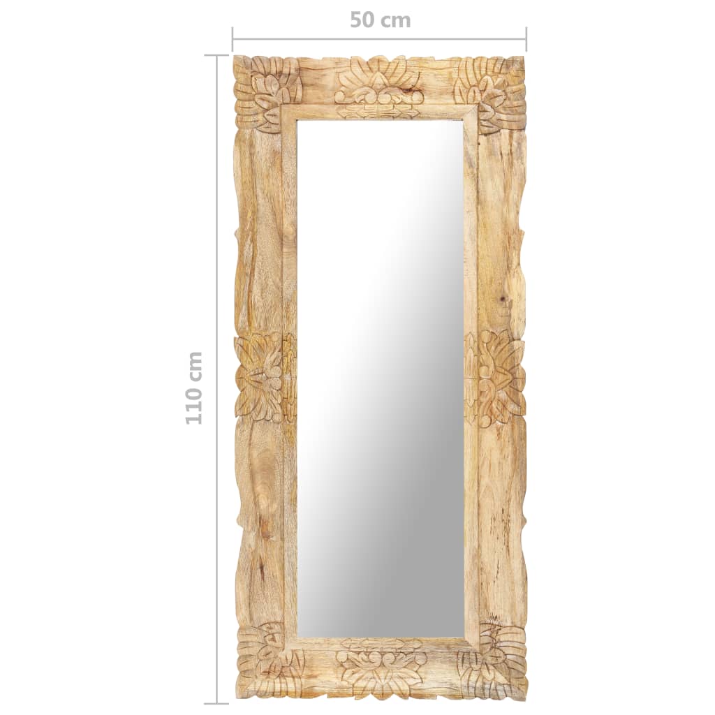 Hand-carved solid mango wood full-length mirror, 43.3 x 19.7 inches, with ornate frame.