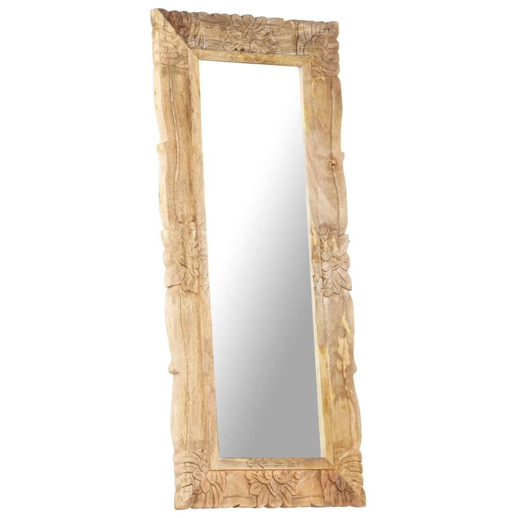 Hand-carved solid mango wood full-length mirror, 43.3x19.7 inches, with ornate frame.
