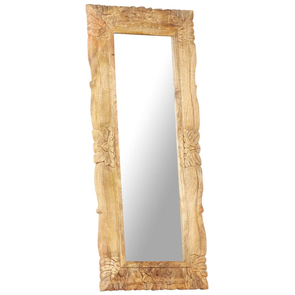 Hand-carved solid mango wood full-length mirror, 43.3 by 19.7 inches.