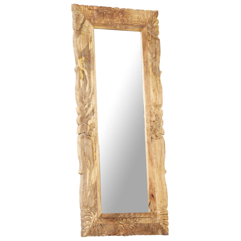 Hand-carved solid mango wood full-length mirror, 43.3 by 19.7 inches.