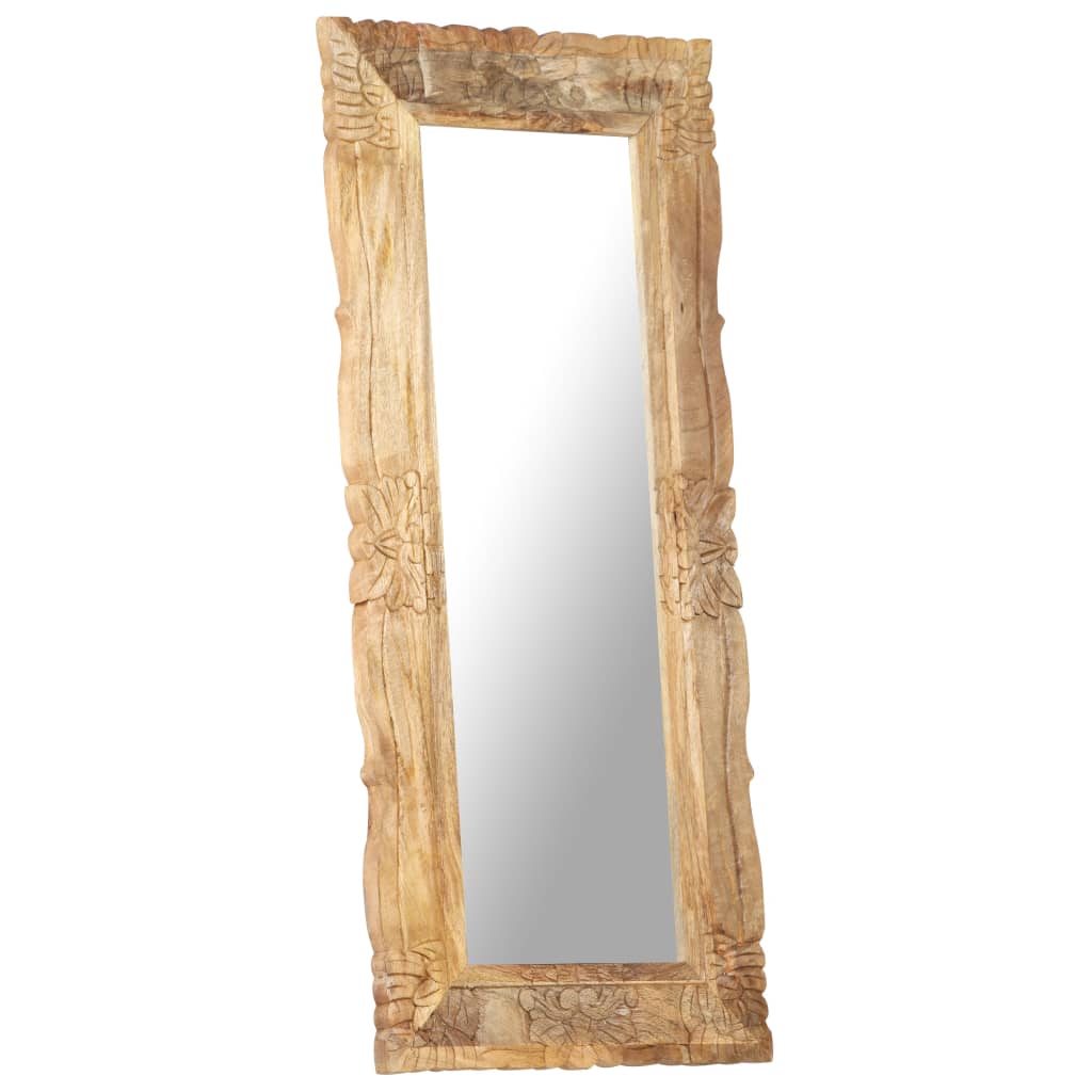 Hand-carved solid mango wood full-length mirror, 43.3x19.7 inches, in light wood tones.