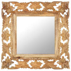 Square hand-carved brown mango wood mirror, 19.7x19.7 inches.