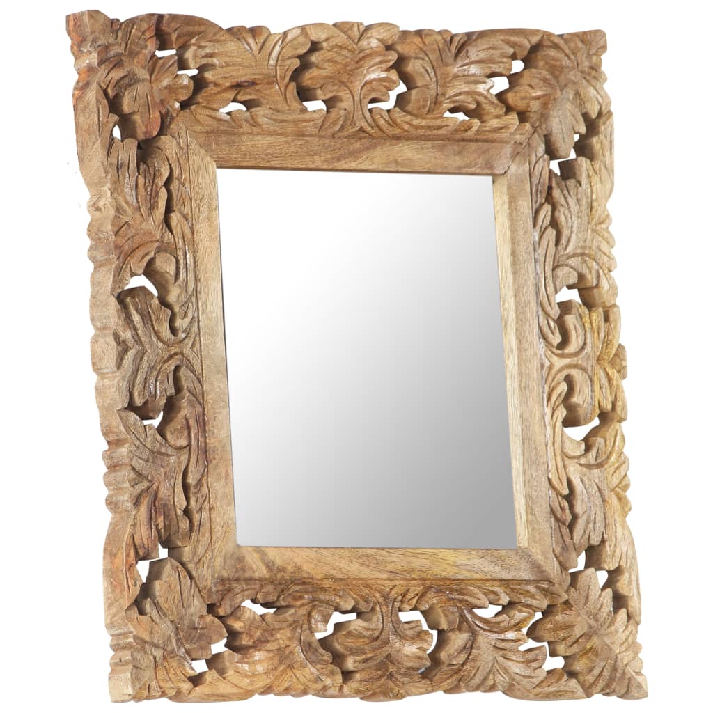 Hand-carved brown solid mango wood mirror, 19.7x19.7 inches, with ornate frame.