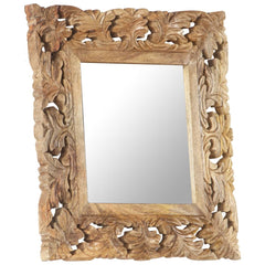Hand-carved brown solid mango wood mirror, 19.7x19.7 inches, with ornate frame.