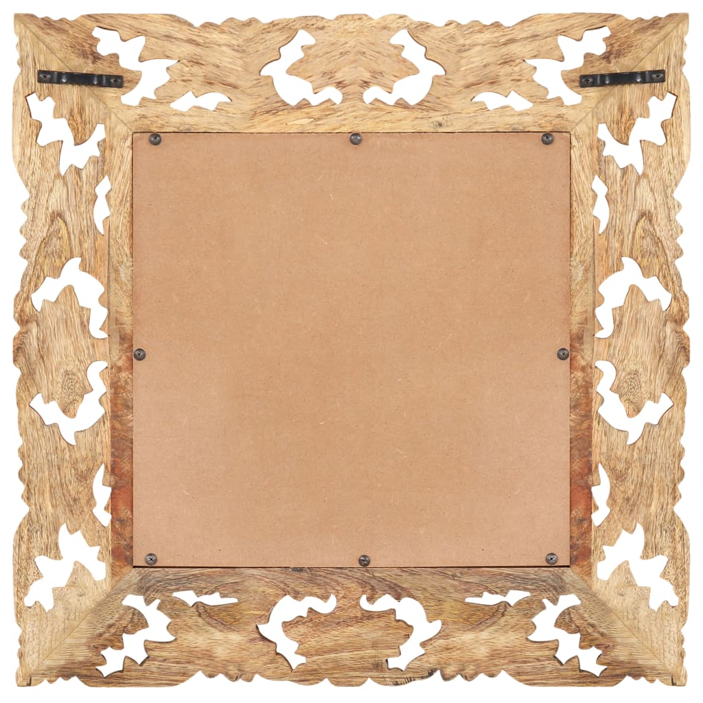 Hand-carved brown solid mango wood mirror, 19.7x19.7 inches, with ornate frame.