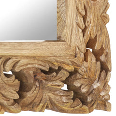 Square hand-carved brown solid mango wood mirror, 19.7x19.7 inches.