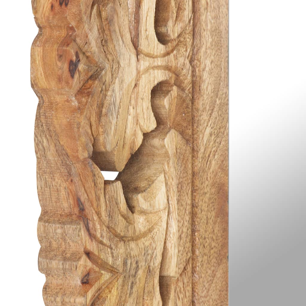 Hand-carved brown solid mango wood mirror, 19.7x19.7 inches, with intricate frame details.