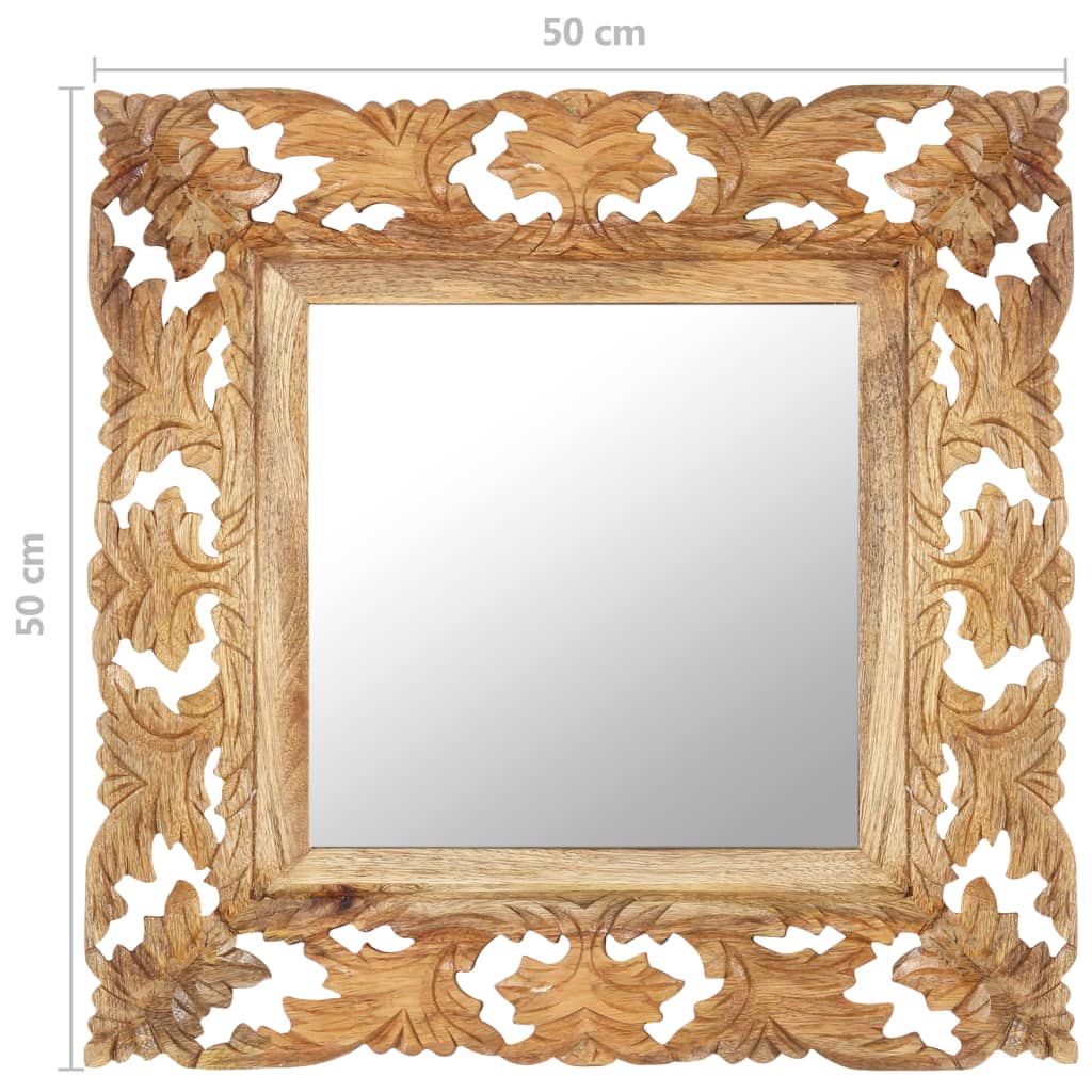 Square 19.7-inch hand-carved brown mango wood mirror with ornate frame.