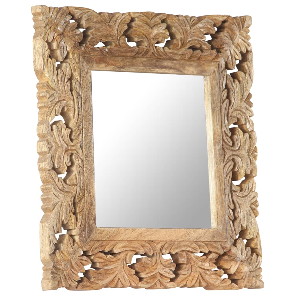 Square hand-carved brown mango wood mirror, 19.7x19.7 inches.