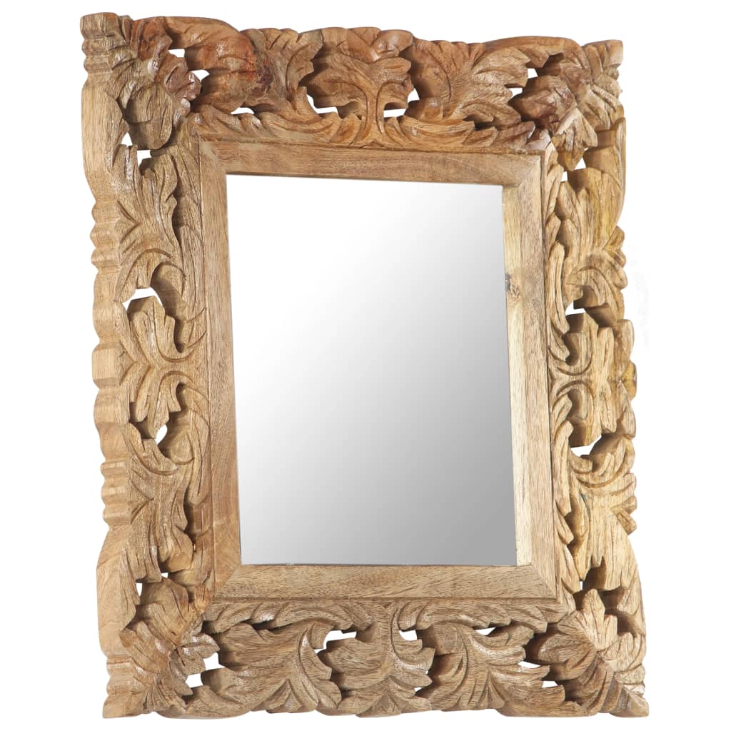 Square brown hand-carved mango wood mirror, 19.7x19.7 inches.