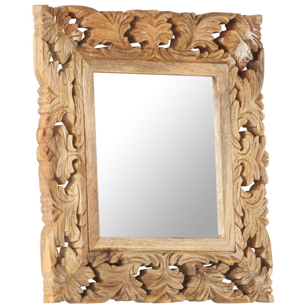 Hand-carved brown solid mango wood mirror, 19.7x19.7 inches, with intricate floral frame.