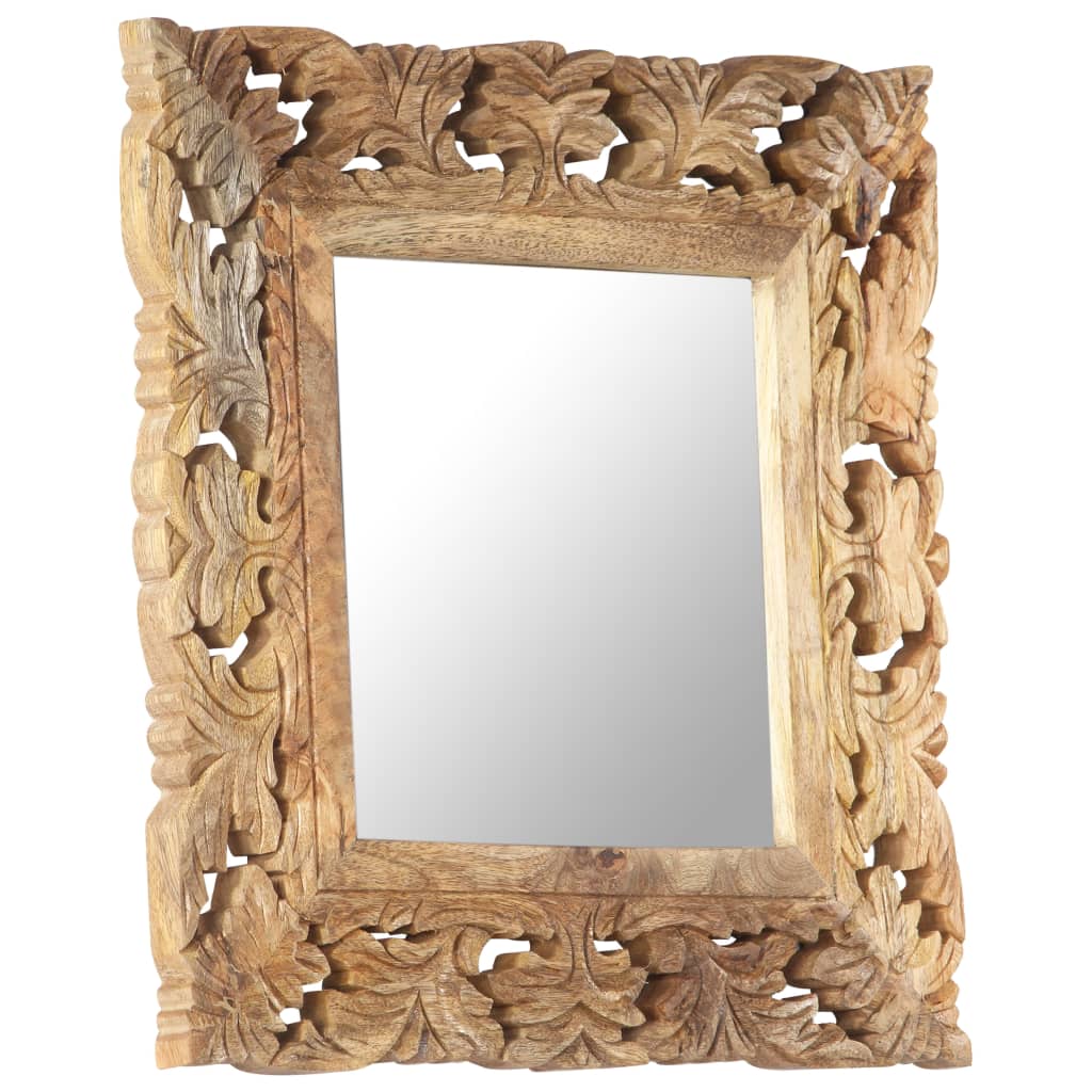 Square hand-carved brown mango wood mirror, 19.7x19.7 inches.