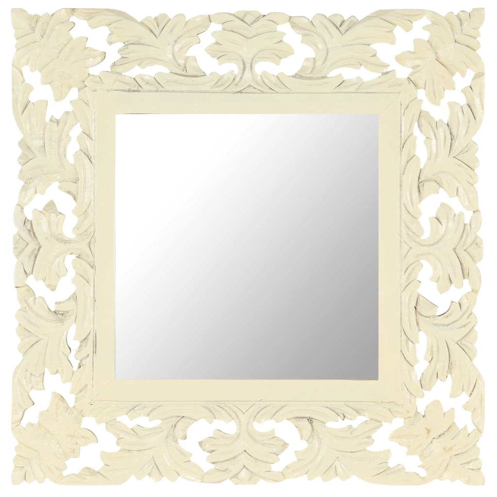 Square 19.7-inch white hand-carved mango wood mirror with ornate frame.