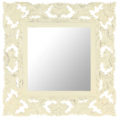 Square 19.7-inch white hand-carved mango wood mirror with ornate frame.