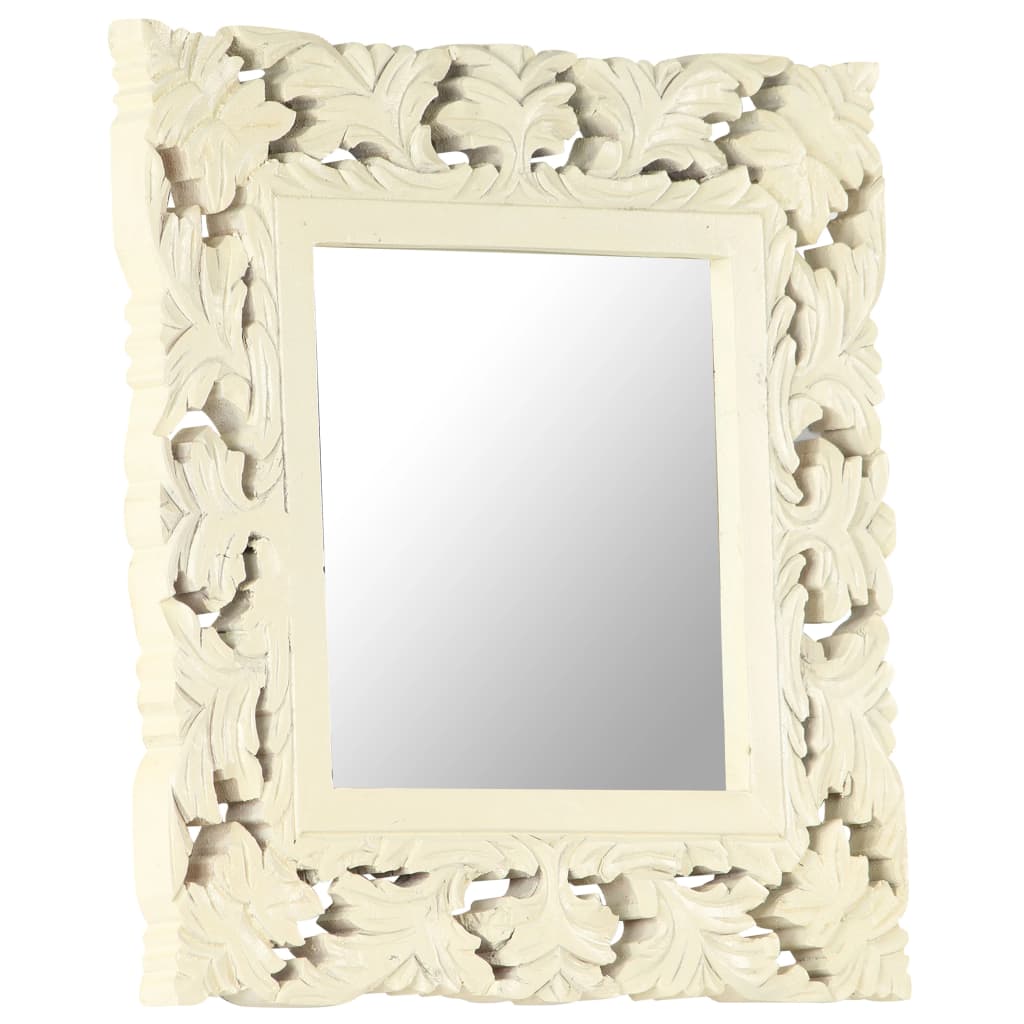 Square white hand-carved mango wood mirror, 19.7 inches by 19.7 inches.