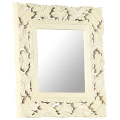 Square white hand-carved mango wood mirror, 19.7 inches by 19.7 inches.