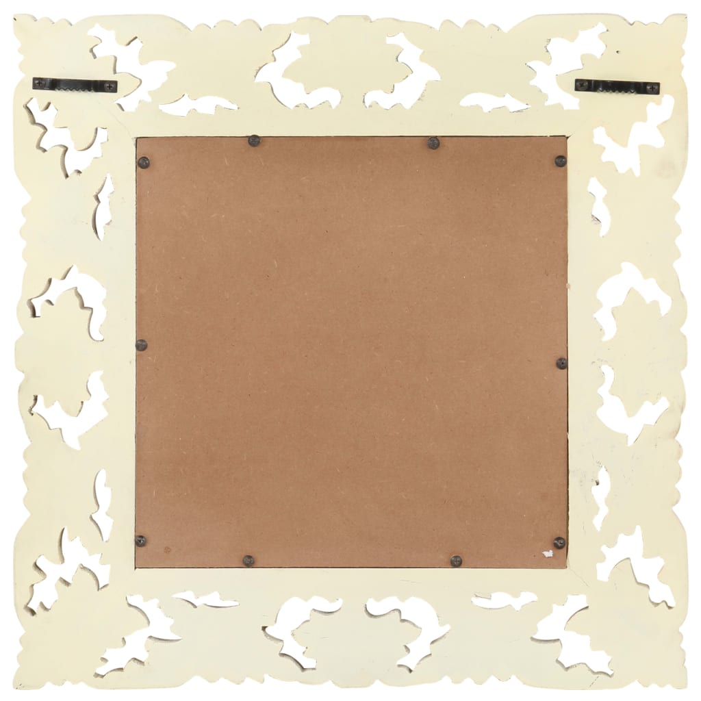 Square white mirror hand-carved from solid mango wood, measuring 19.7 by 19.7 inches.