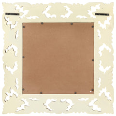 Square white mirror hand-carved from solid mango wood, measuring 19.7 by 19.7 inches.