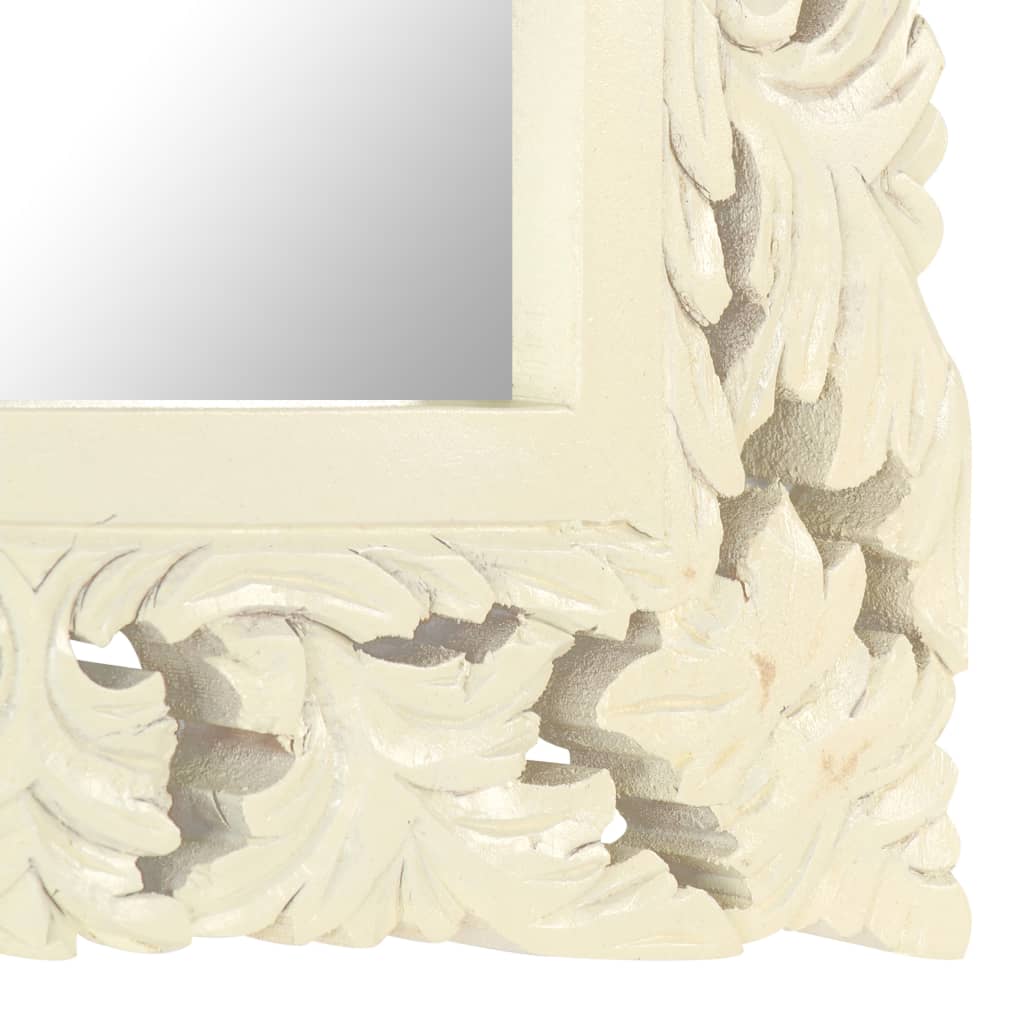 Square 19.7-inch white hand-carved mango wood mirror with ornate floral frame.