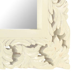 Square 19.7-inch white hand-carved mango wood mirror with ornate floral frame.