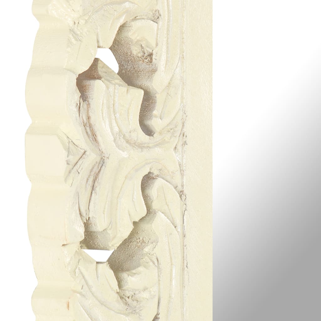Hand-carved white solid mango wood mirror with intricate floral details.