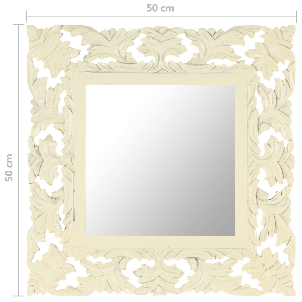Square white hand-carved mango wood mirror, 19.7x19.7 inches.
